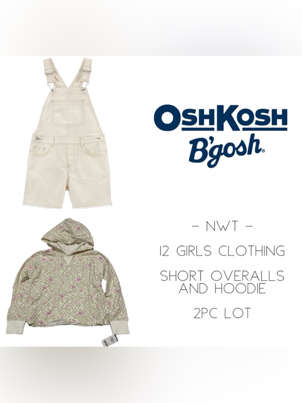 🆕OSHKOSH - NWT - GIRLS 12 - 2PC LOT - SHORT OVERALLS AND HOODIE